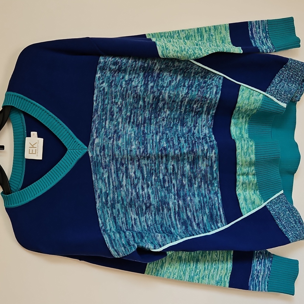 Edinburgh Knitwear Pima Cotton V Neck Sweater Colorblock Stripe Blue Green SZ S